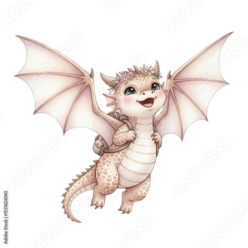 Cute baby dragon vector illustration, whimsical fantasy creature with wings