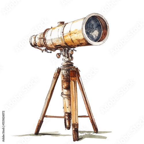 Vintage telescope vector illustration, rendered in a classic watercolor style.