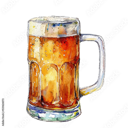 Beer mug illustration in a vibrant watercolor style, filled with foamy ale.