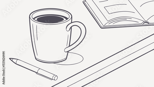 Coffee Mug Open Book and Pen on Desk Illustration