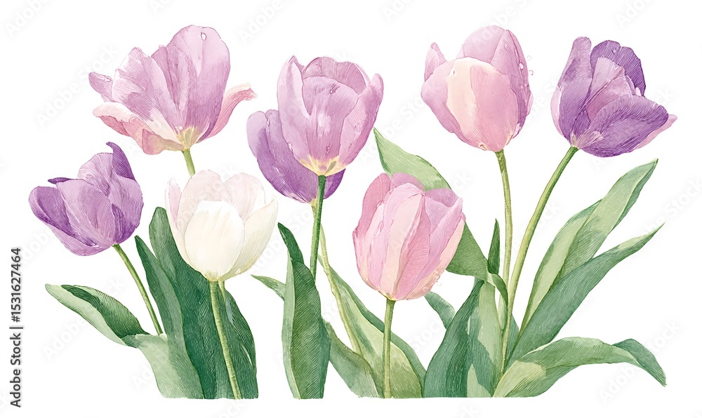 Fototapeta premium Soft pastel tulip flowers blooming together in a spring garden