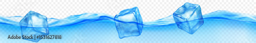 Three translucent ice cubes floating in water with waves, isolated on transparent background. Horizontal banner in light blue colors. Transparency only in vector format.