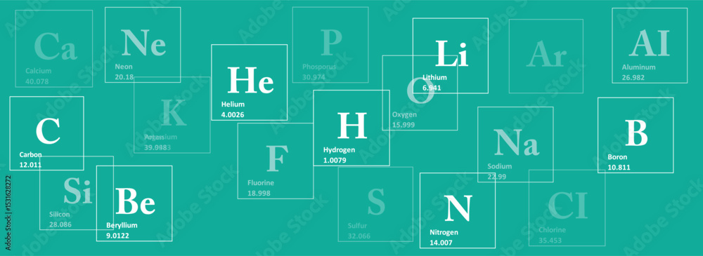 Obraz premium teal background of the chemical elements of the periodic table, atomic number, atomic weight, name and symbol of the element