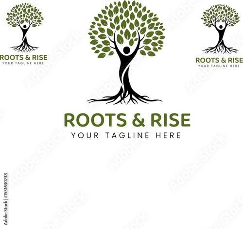 Roots & Rise logo concept — growth-focused design with tree and child elements for nurturing brands.