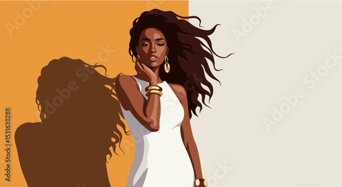 Evening portrait of an elegant woman with long black hair — soft and glowing editorial-style vector.