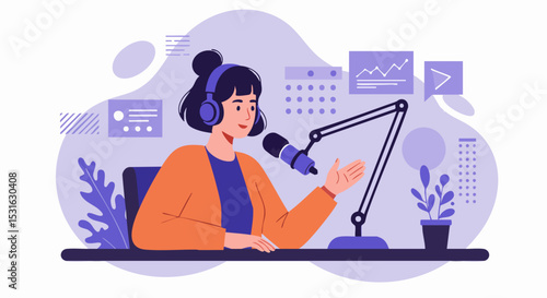 Vector of podcasting woman confidently speaking into mic — vibrant media art for audio storytelling, communication, and content creation.