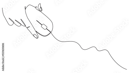 Minimalist line drawing of a hand using a computer mouse on a white background