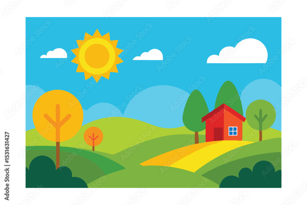 Fototapeta premium Summer Day Rural Landscape Illustration 