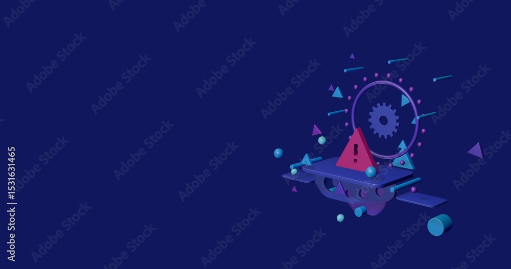 Naklejka premium Pink warning symbol on a pedestal of abstract geometric shapes floating in the air. Abstract concept art with flying shapes on the right. 3d illustration on indigo background