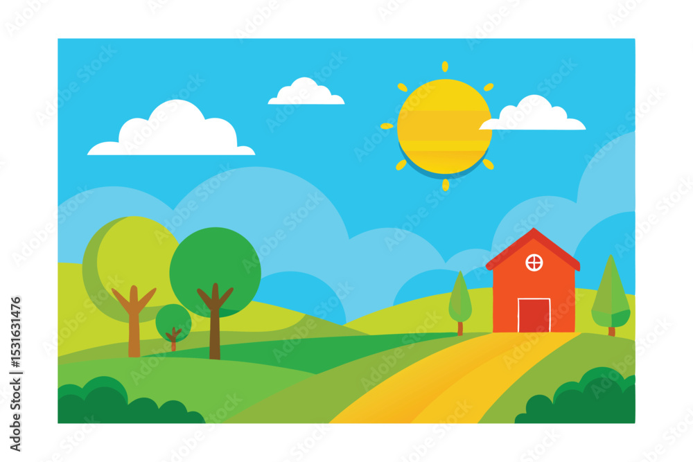 Fototapeta premium Summer Day Rural Landscape Illustration 