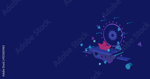 Pink paper boat symbol on a pedestal of abstract geometric shapes floating in the air. Abstract concept art with flying shapes on the right. 3d illustration on indigo background