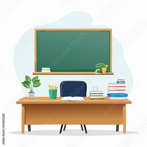 Empty Classroom Setup Blackboard, Desk, Books, and Learning Essentials