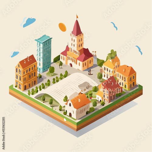 Miniature Isometric Cityscape Unique Architectural Design Illustration