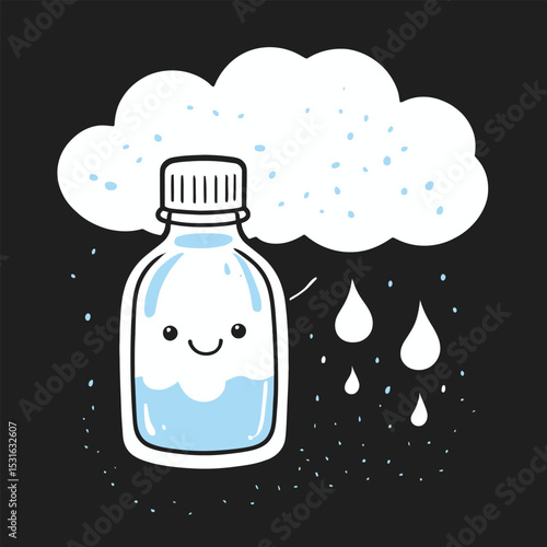 Cartoon Bottle Of Water Under Rain Cloud Cute Illustration For Childrens Books Educational Material Healthy Living And Environmental Awareness