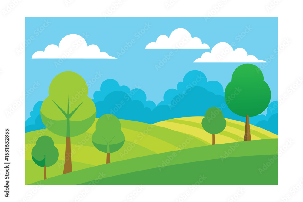 Springtime Landscape with Green Fields and Trees Springtime Landscape with Green Fields and Trees