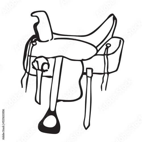 Hand drawn vector doodle of a leather western type saddle. Line art illustrations with wild west atmosphere
