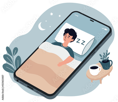 Sleeping app concept with person sleeping on phone screen. Colorful flat design illustration