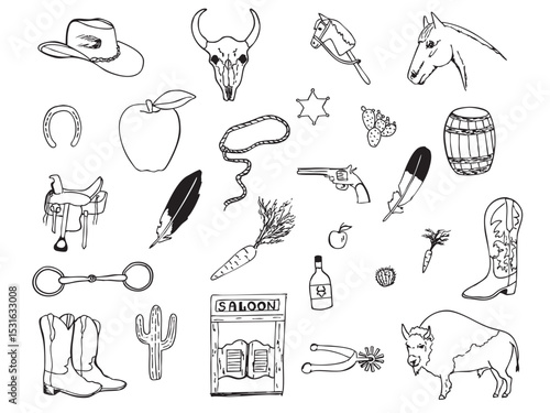 Hand drawn collection of western vector doodles. Line art illustrations with wild west atmosphere, cowboy and cowgirl, sheriff, indigenous, horse staff