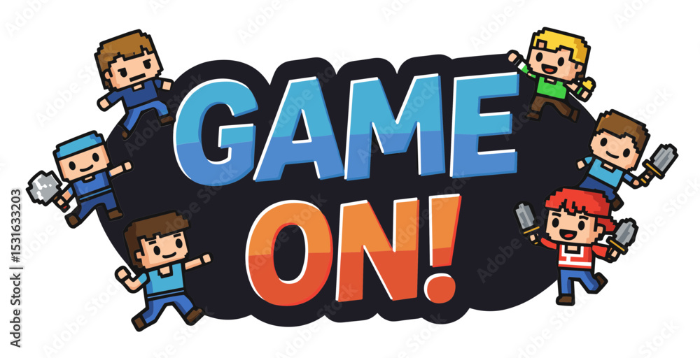 Fototapeta premium 'Game On!' text bubble with tiny, cheerful pixel art characters popping out. Vector sticker design