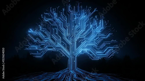 Digital tree of life with circuit patterns glowing in blue  