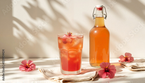 Refreshing Hibiscus Drink in a Glass with Ice and Flowers