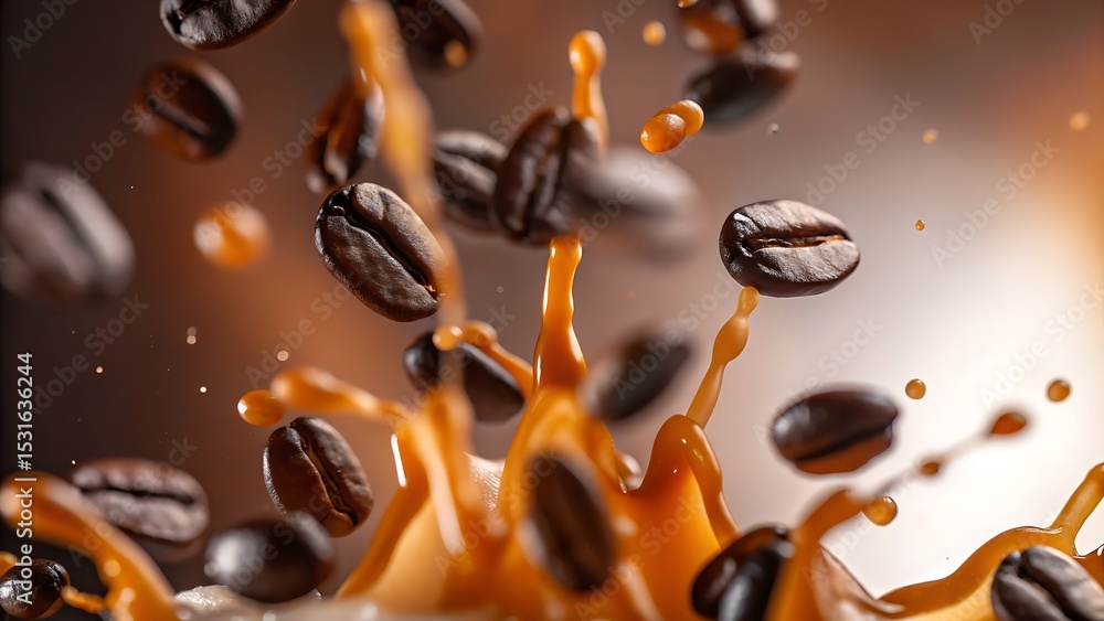 Fototapeta premium Coffee beans falling into a splash of liquid creating a dynamic and visually appealing composition in studio shot
