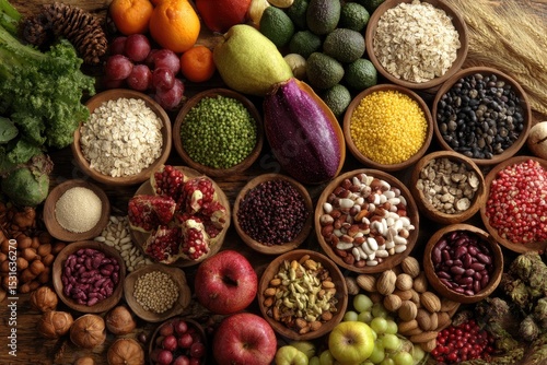 Assorted healthy foods in wooden bowls