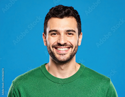 Wallpaper Mural Vibrant portrait of smiling man wearing green sweater against blue background, radiating positivity and warmth Torontodigital.ca