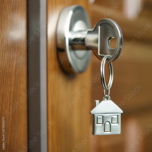 Close up of a key in a door lock with a house shaped keychain on a wooden door with a metal doorknob