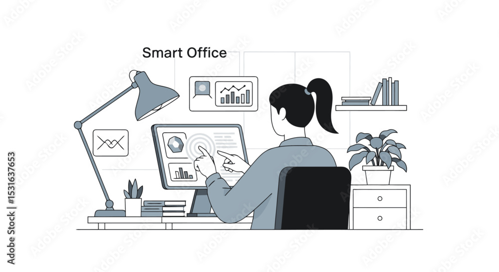 Smart Office: Woman Analyzing Data on Computer Screen Smart Office: Woman Analyzing Data on Computer Screen