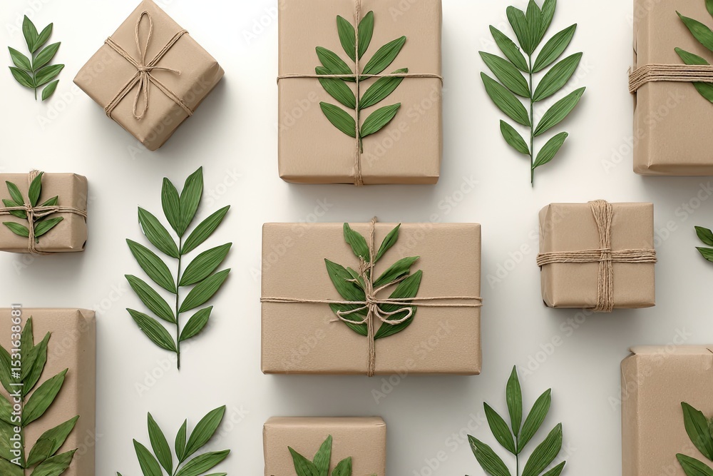 Gift boxes with greenery on white background