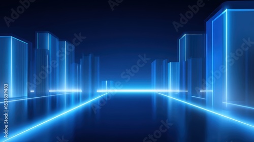 Wallpaper Mural Digital representation logistic transportation. Futuristic skyline with illuminated buildings against a dark blue background, creating a sleek, modern atmosphere. Torontodigital.ca