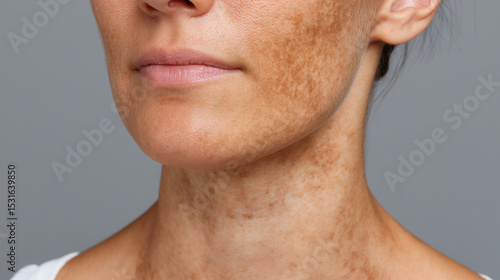 Acanthosis nigricans is visible on neck and lower face of woman with brown hyperpigmentation and velvety skin texture, highlighting common dermatological condition