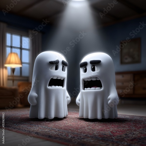 Two cartoon ghosts, mouths agape, stand in a dimly lit room