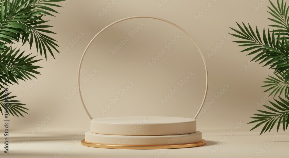 Round podium with plants on a beige background for product display. Round podium with plants on a beige background for product display.