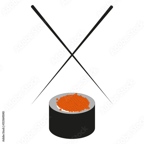 Sushi vector icon. Chopstick food symbol. Orange roe topping. Black roll design.