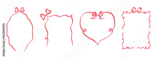 Coquette ribbon frames with bow. Hand drawn whimsical lace borders in simple crayon and sketch style. Trendy art for bachelorette party and wedding invitations. Doodle lineart vector illustration