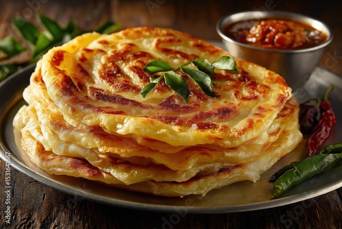 Layered Parottas Served With Spicy Curry On Steel Plate, Glowing With Ghee