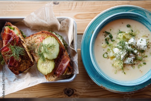 Wallpaper Mural Two open-faced sandwiches,  and a bowl of soup on a light-wooden table Torontodigital.ca
