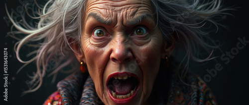 A Fierce and Detailed Portrait of an Aging Woman, Conveying Strong Emotion with a Complex Arrangement of Graying Hair.