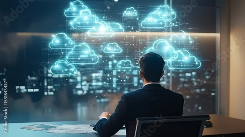 Businessman facing cloud computing network in modern office at night