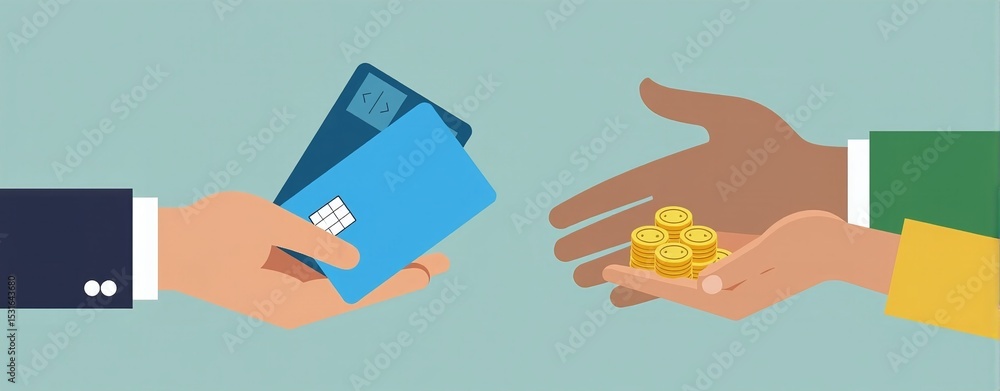 Two hands face each other holding coins and chip card, cash or card payment preference Two hands face each other holding coins and chip card, cash or card payment preference