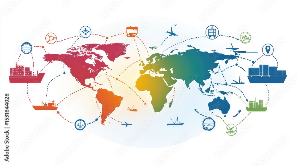 Obraz premium Global logistics graphic with transport icons connecting continents via air, road, and sea