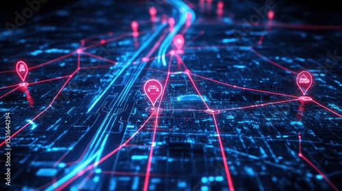 Fototapeta Naklejka Na Ścianę i Meble -  GPS-enabled transportation service interface showing delivery route optimization across a digital city map