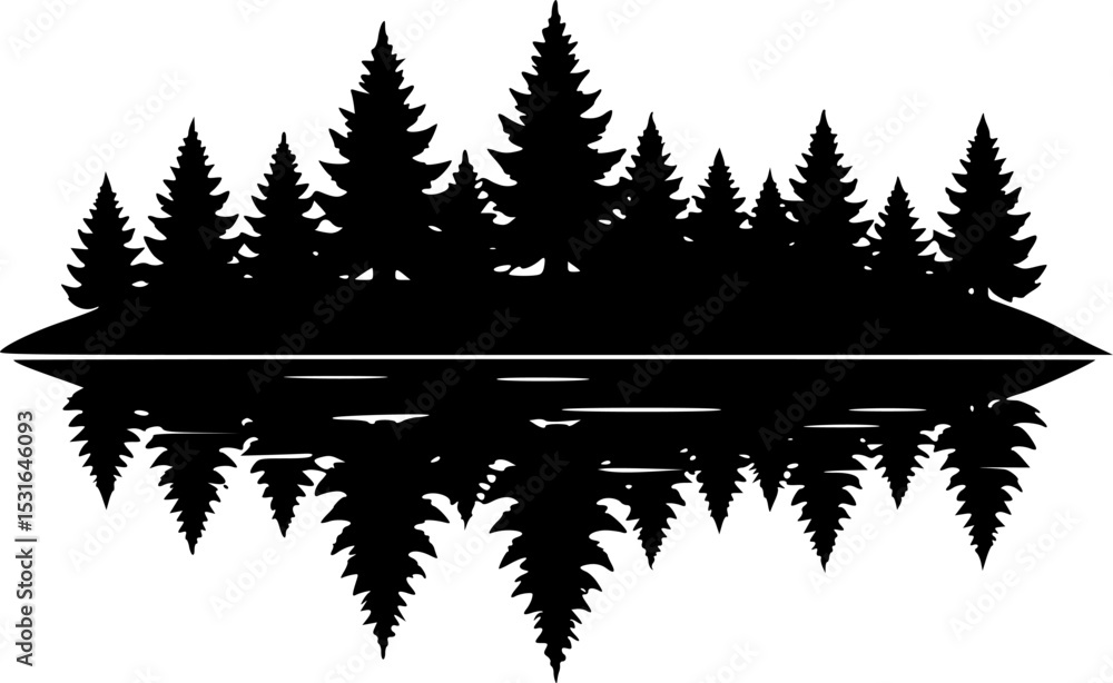 Fototapeta premium Mountain Lake Silhouette: A minimalist black and white illustration of a serene mountain lake scene, with evergreen trees and majestic mountains reflected in the still water