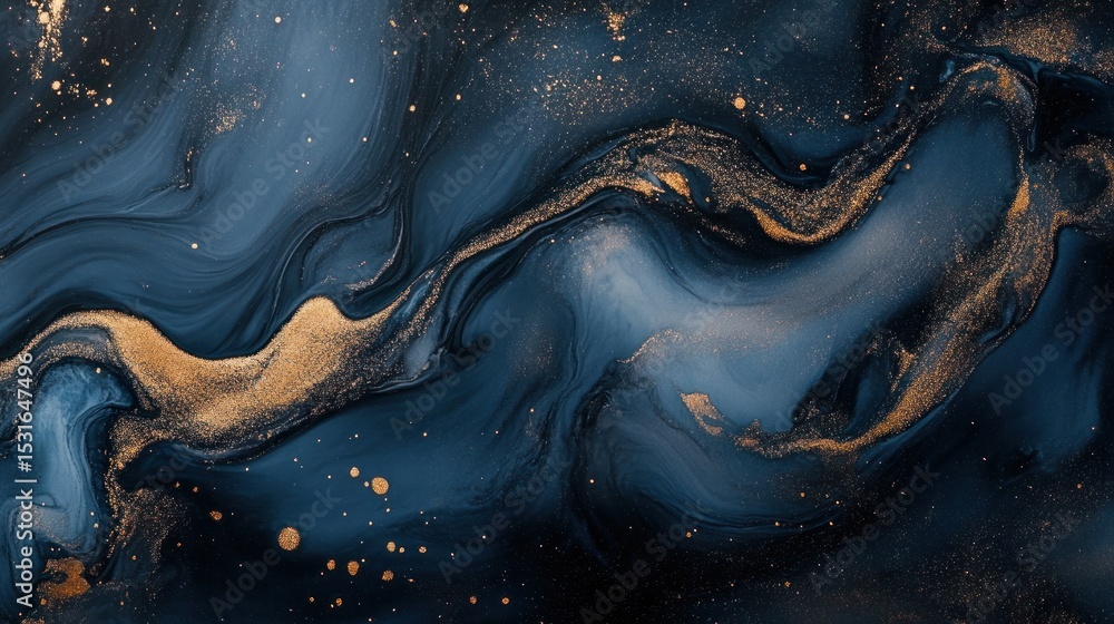 Abstract swirling marbled design in deep blues and golds Abstract swirling marbled design in deep blues and golds