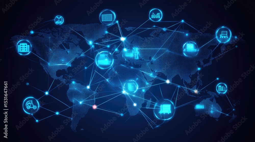 Stylized trade map showing active logistics channels between continents using icons Stylized trade map showing active logistics channels between continents using icons