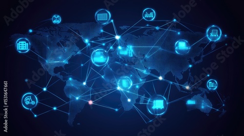 Stylized trade map showing active logistics channels between continents using icons