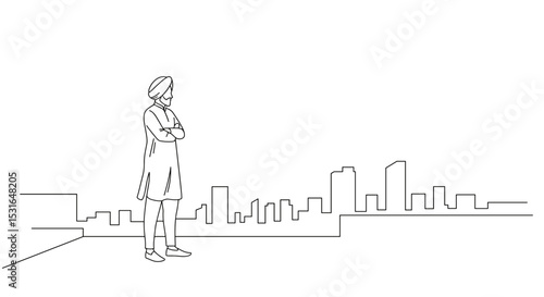  Man in turban looking at city skyline in line drawing