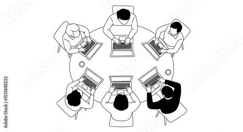 Six people working on laptops at round table top view